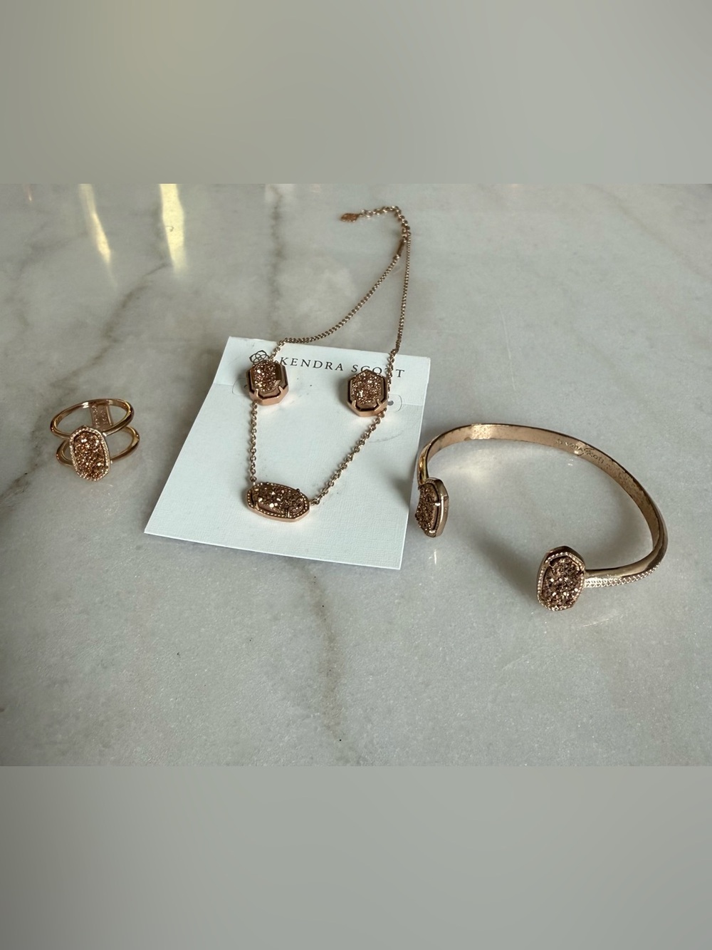 Kendra Scott Rose Gold Drusy Jewelry Set - Necklace, Bracelet, Ring, Earrings